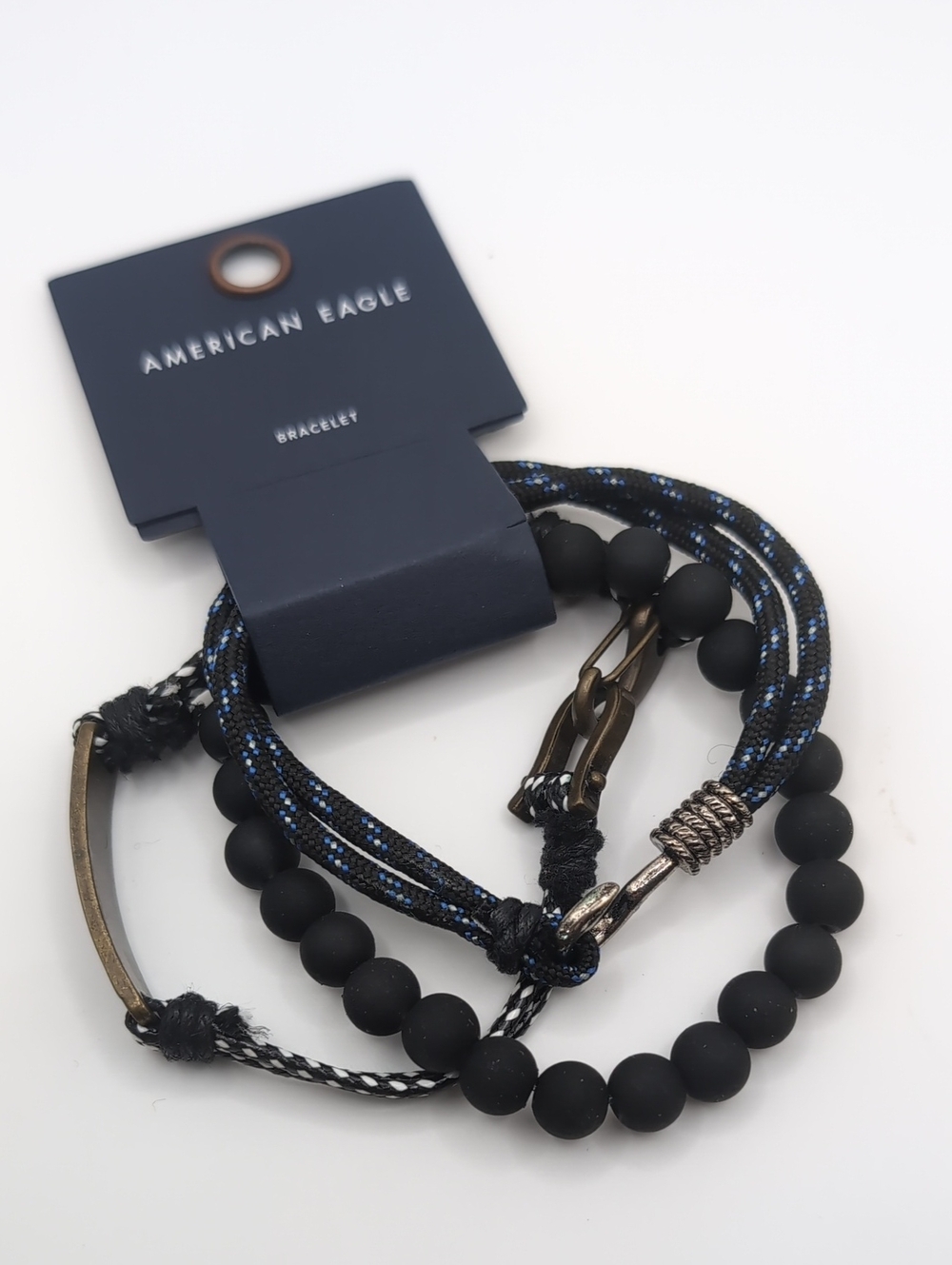 American Eagle Men's Black Matte Stretch Bead & Blue Cord Bracelet Set